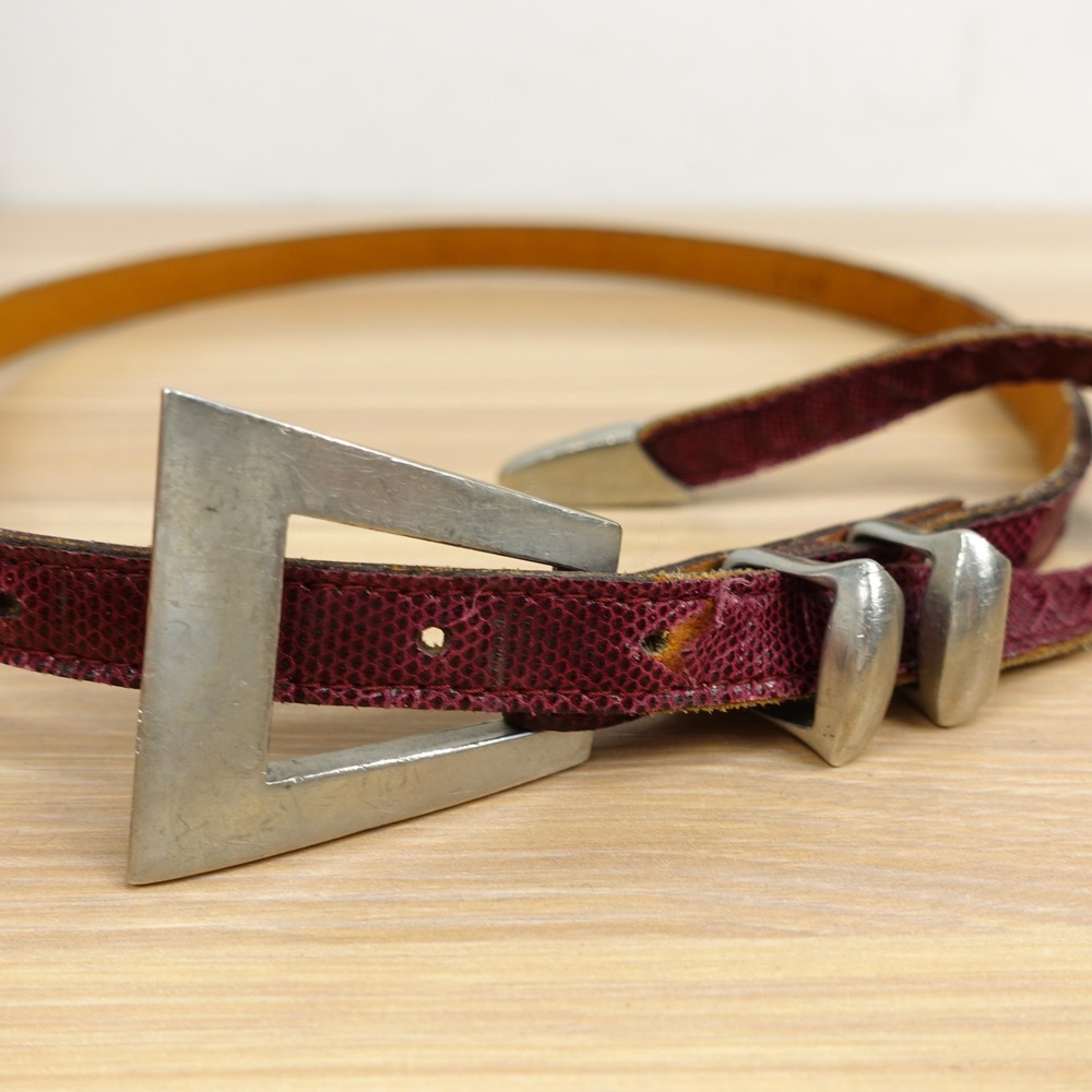 Women’s Burgundy Leather Slim Belt with Geometric Silver Buckle